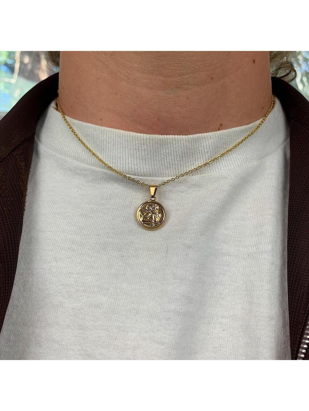 Cute Baby Angel Stainless Steel Gold Plated Circle Pendant y2k 90s style
